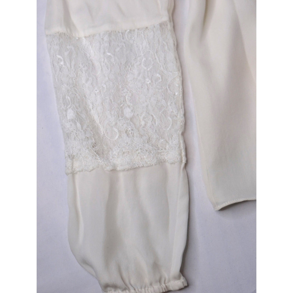 Vintage Cream Off White Lace Trimmed Sheer Blouse Women's Elegant Sheer Top