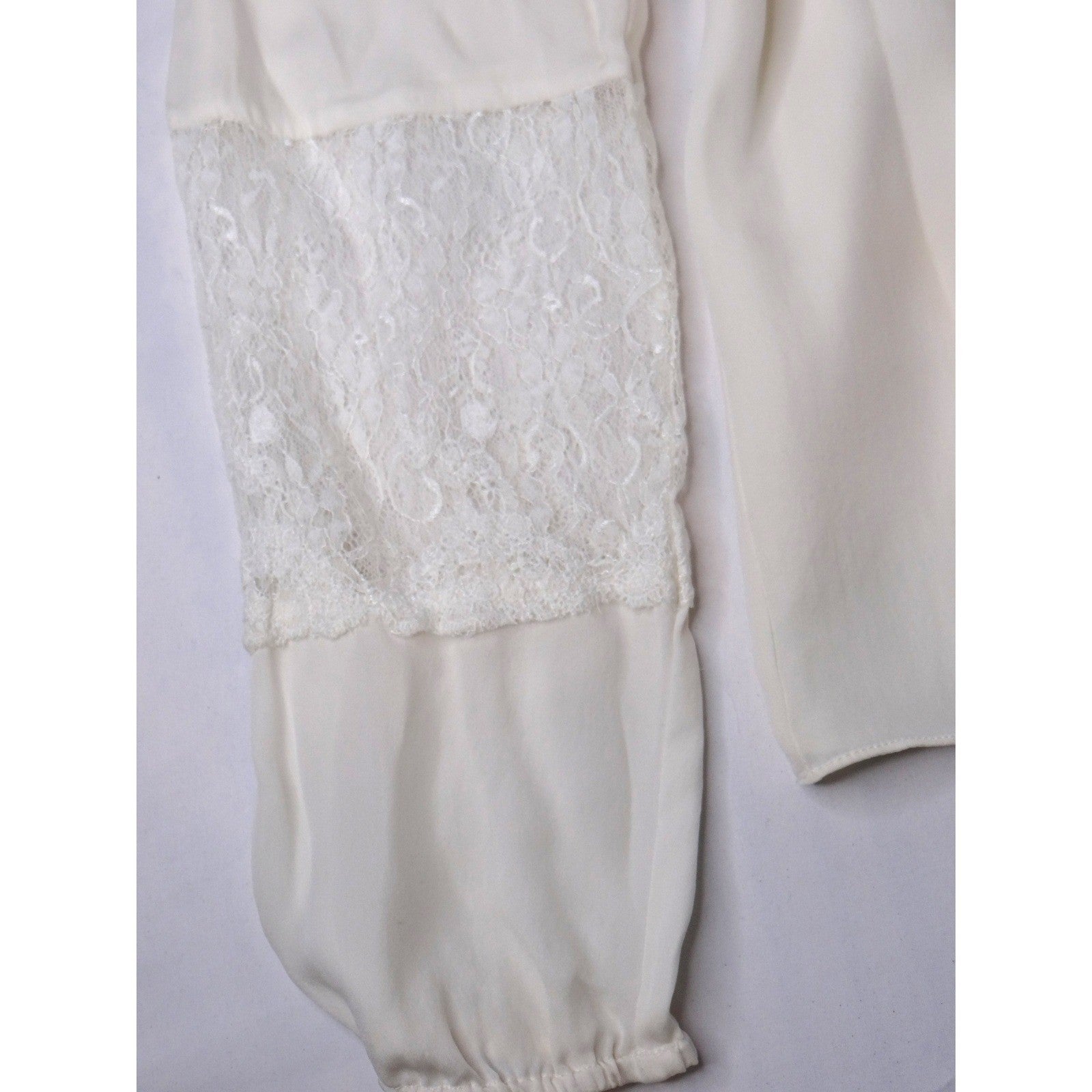 Vintage Cream Off White Lace Trimmed Sheer Blouse Women's Elegant Sheer Top