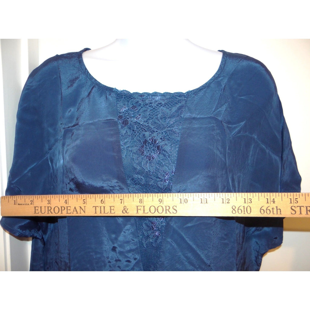 Teal Blue Satin Lace Inset Shift Dress Short Sleeve Knee Length Relaxed Fit