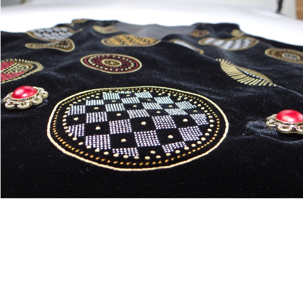 Stunning Vintage Black Velvet Geometric Print Vest with Red Gem Buttons