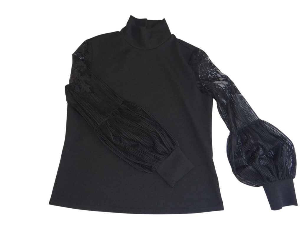 Chic Black Mock Neck Top with Lace Puff Sleeves