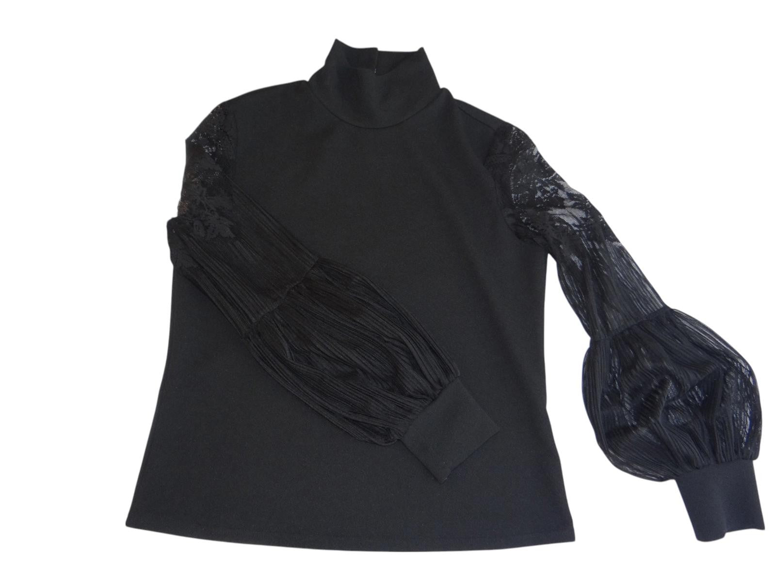 Chic Black Mock Neck Top with Lace Puff Sleeves