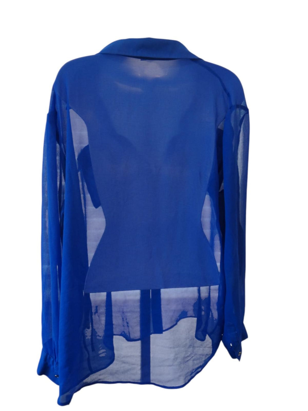 Stylish Sheer Blue Button-Up Shirt with Studded Pockets