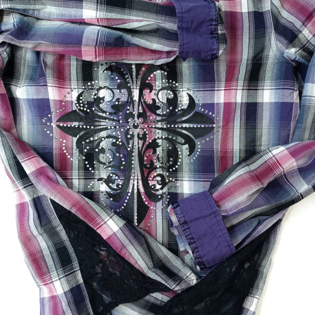 Y2K Maurice's Plaid Shirt Rhinestone Embellished Lace Western Style Women's Med