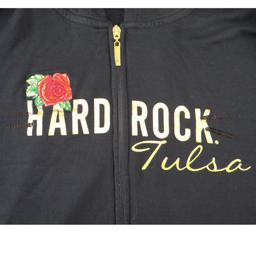 Hard Rock Tulsa Zip Up Hoodie Womens Large Black Gold Foil Rose Sequin