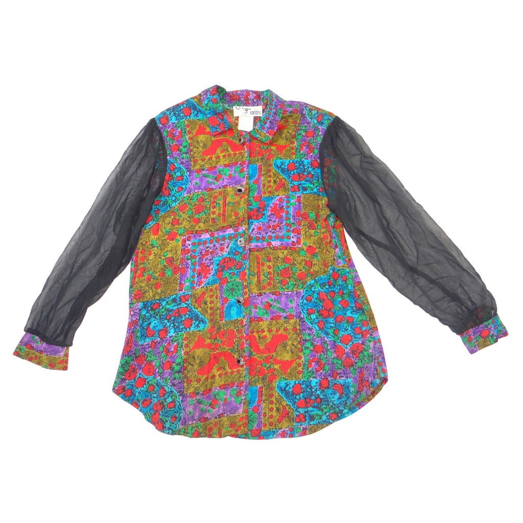 My Favorites Vintage Patchwork Blouse Sheer Mesh Sleeves Heart Buttons Large