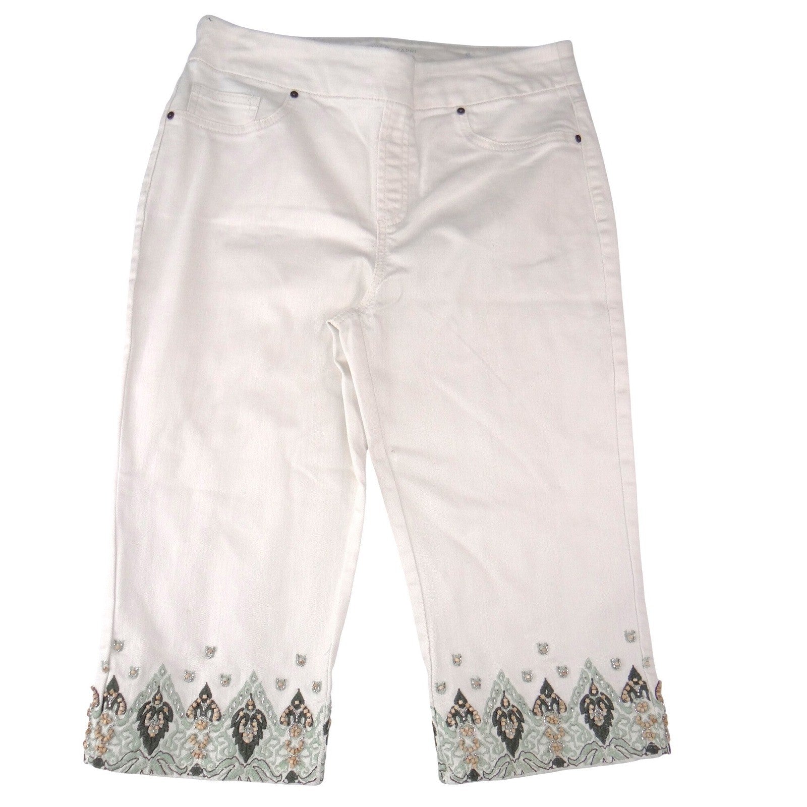 Chicos Pull On Capri Pants Cream Beaded Embroidered Hem Womens Size 1.5 US 10