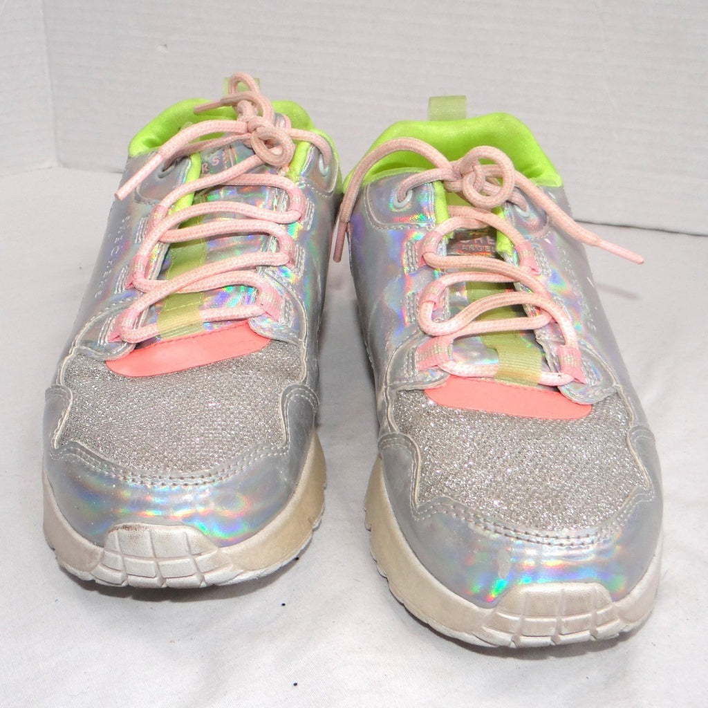 Skechers Girls Silver Holographic Glitter Rainbow Lace Up Sneakers Shoes Sz 5 US