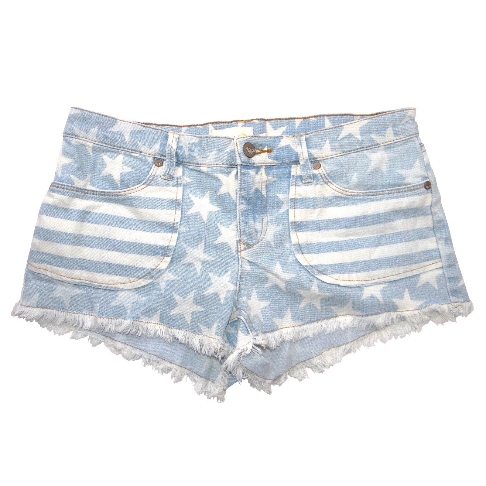 Roxy Denim Americana Stars and Stripes Cut Off Shorts Light Wash Blue Size 7/28