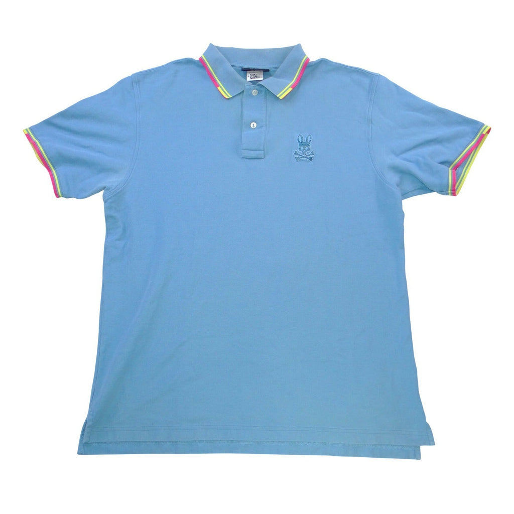 Psycho Bunny Mens Blue Polo Shirt Embroidered Bunny Skull Logo Trim Size 8
