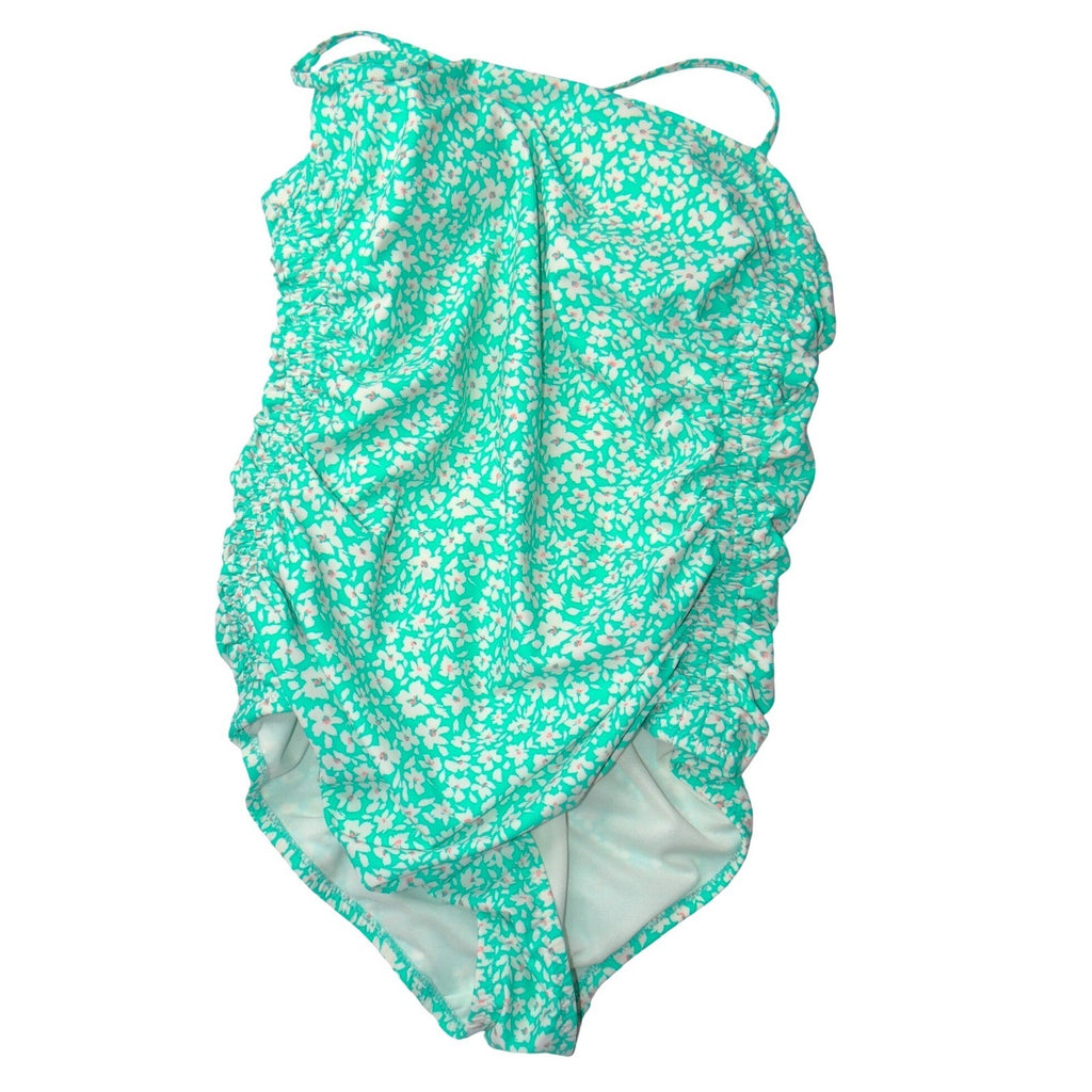 Kona Sol Womens XL Teal Floral Ruched One Piece Swimsuit Padded Tie Back