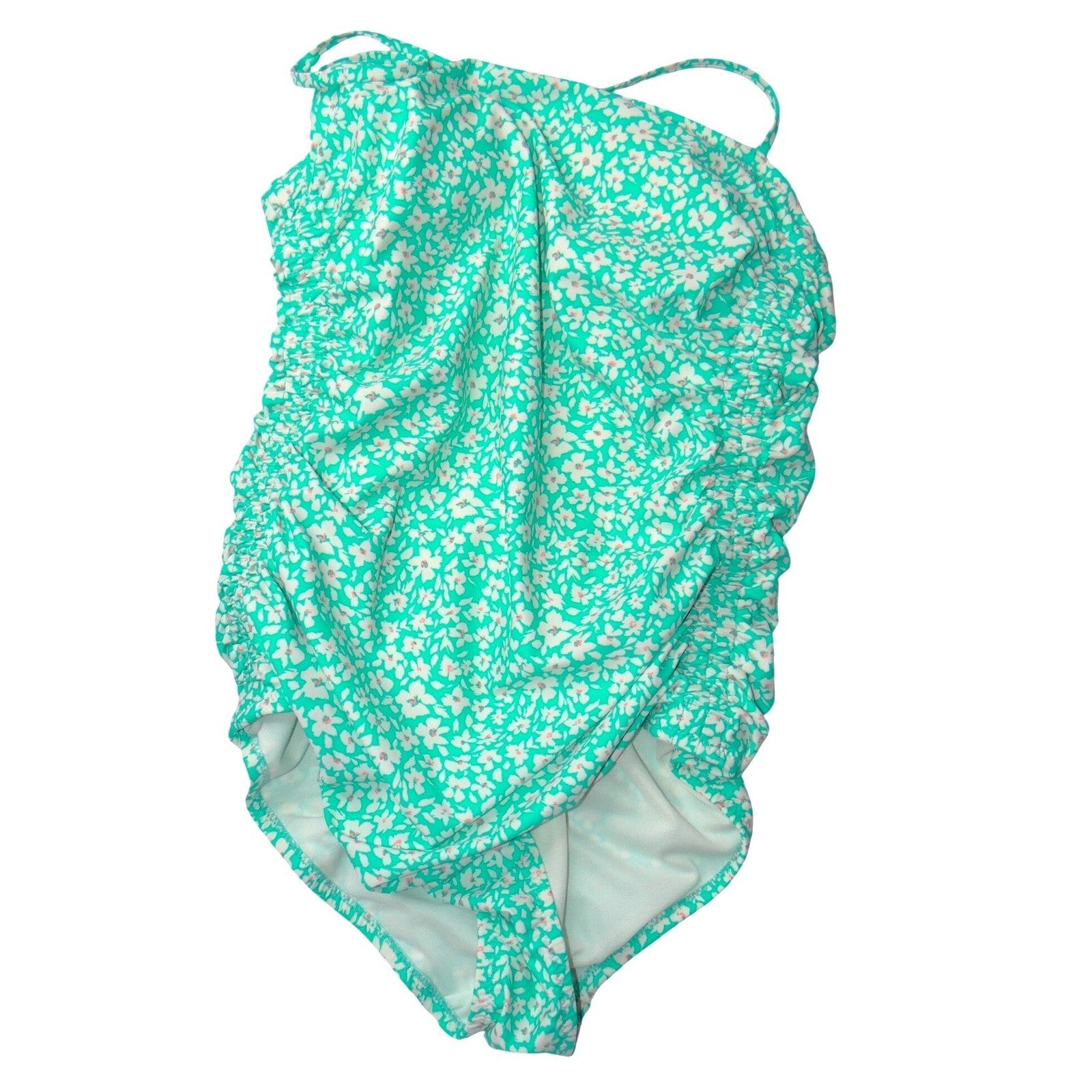 Kona Sol Womens XL Teal Floral Ruched One Piece Swimsuit Padded Tie Back