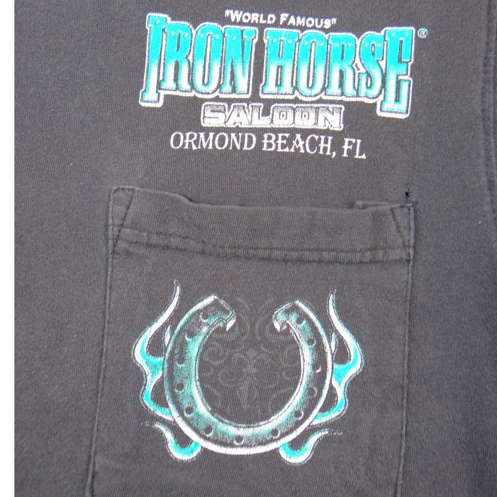 Iron Horse Saloon Ormond Beach FL Biker Pocket T-Shirt Mens Black Teal Graphic