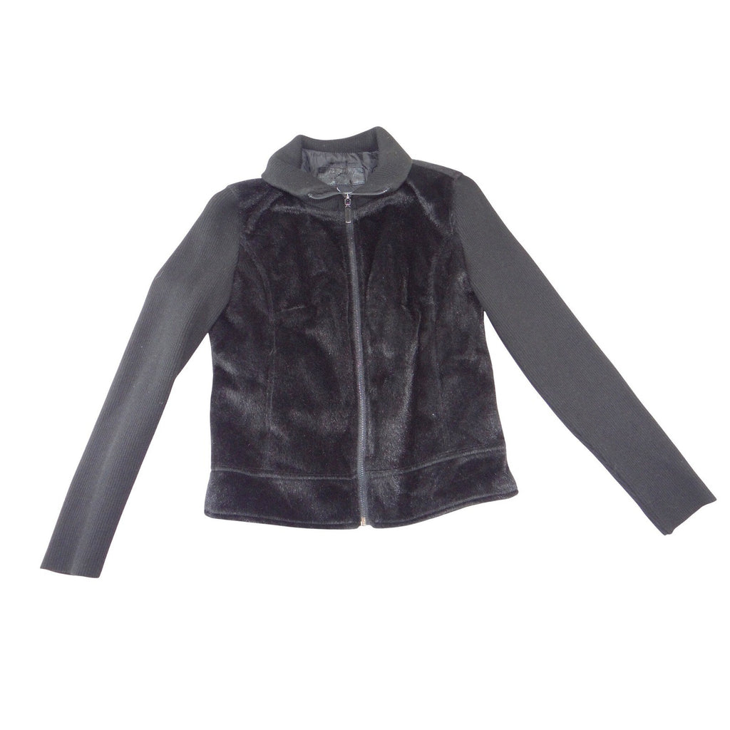 NWT-Jaclyn Smith Womens Black Faux Fur Ribbed Knit Full Zip Mock Neck Jacket S