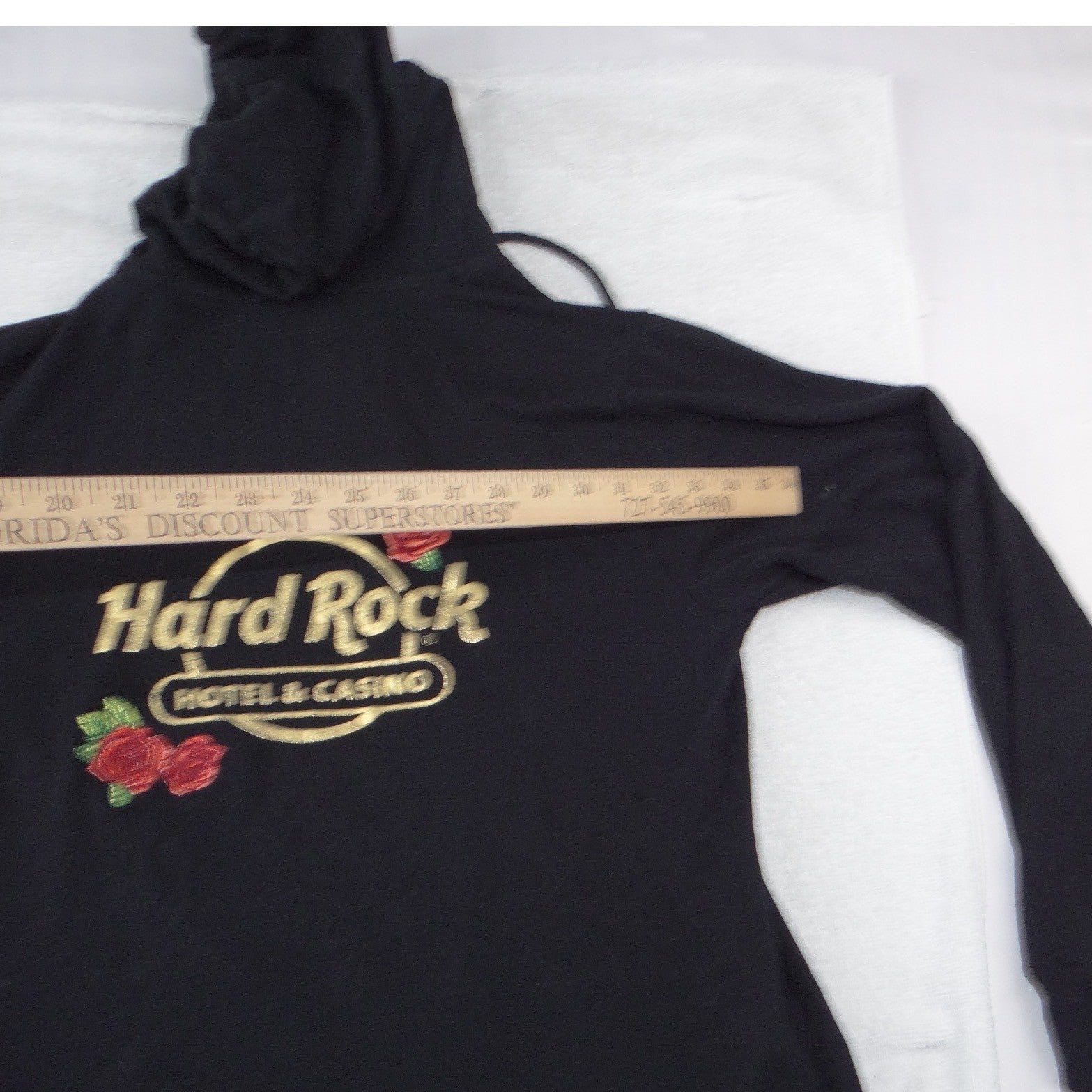 Hard Rock Tulsa Zip Up Hoodie Womens Large Black Gold Foil Rose Sequin