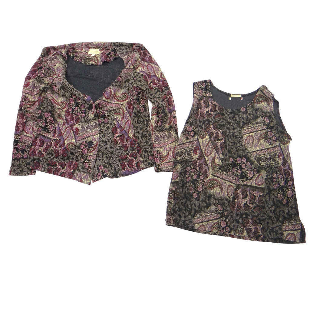 Choices Womens Purple Paisley Floral 2 Piece Cardigan and Tank Set M Stretchy