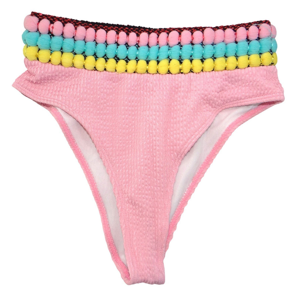 Pink Smocked One Shoulder Pom Pom Bikini Set Medium Seersucker 2 Piece Swimsuit
