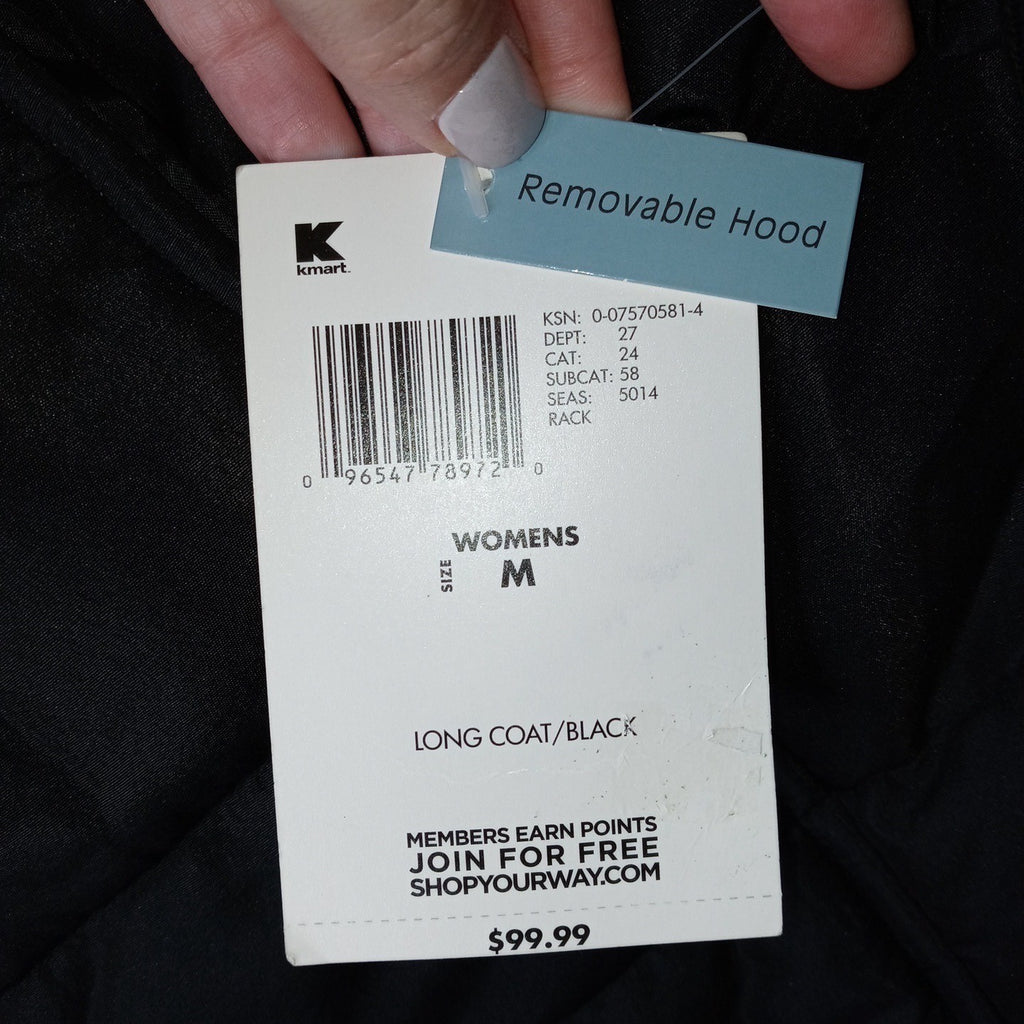 NWT Vintage Womens Black Quilted Long Coat Removable Hood Faux Fur Trim Medium