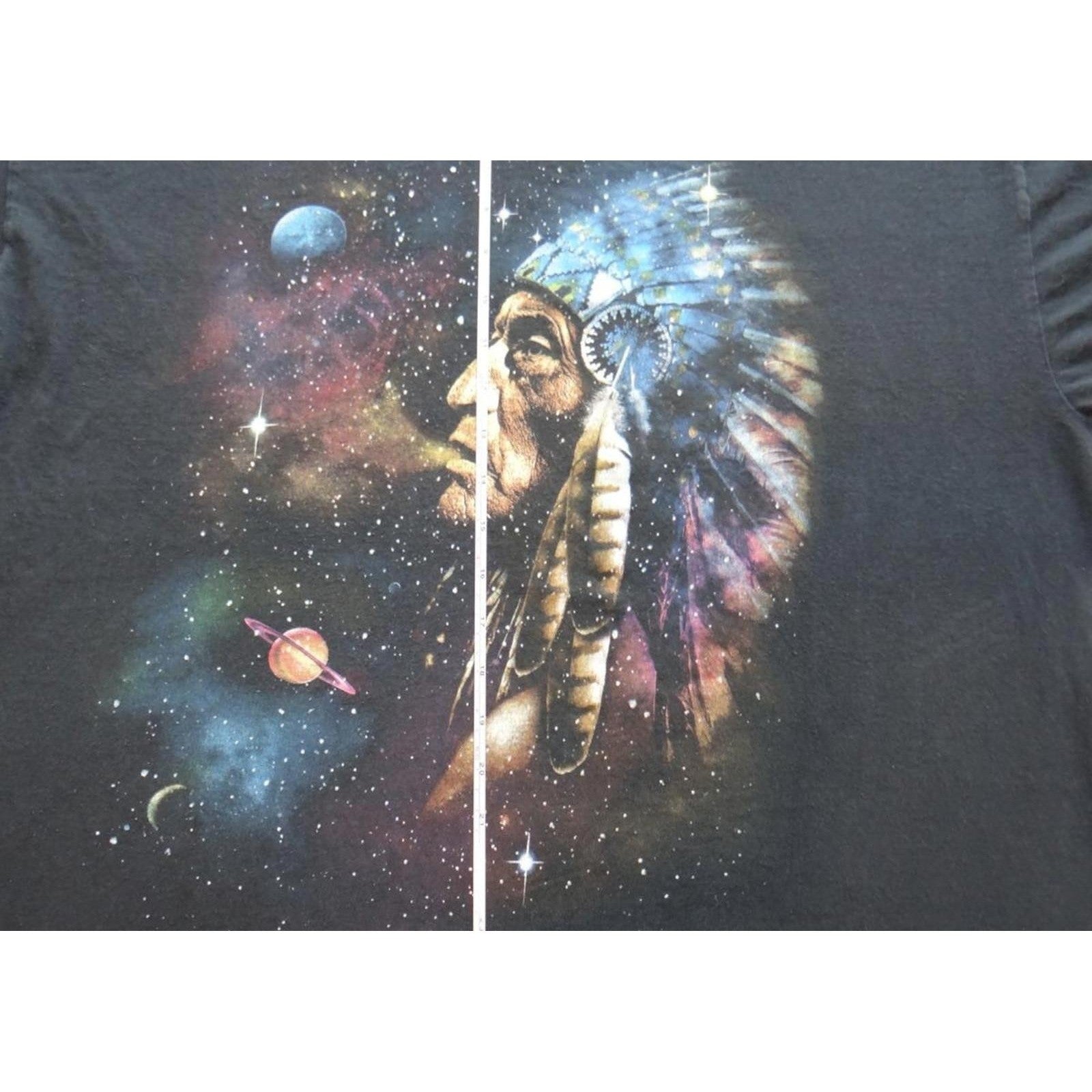 Men's Black Graphic T-Shirt with Native American and Space Design