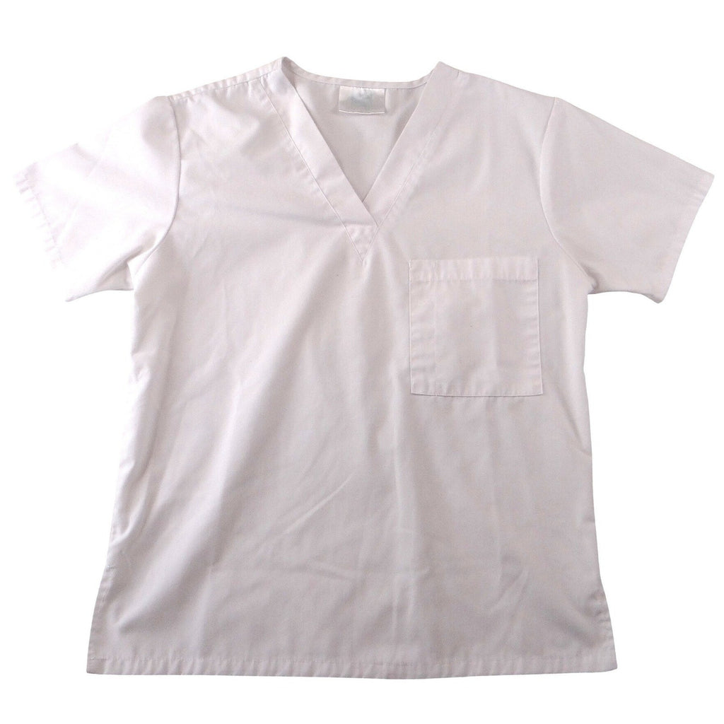 White V-Neck Medical Scrub Top Short Sleeve Chest Pocket Workwear Womens