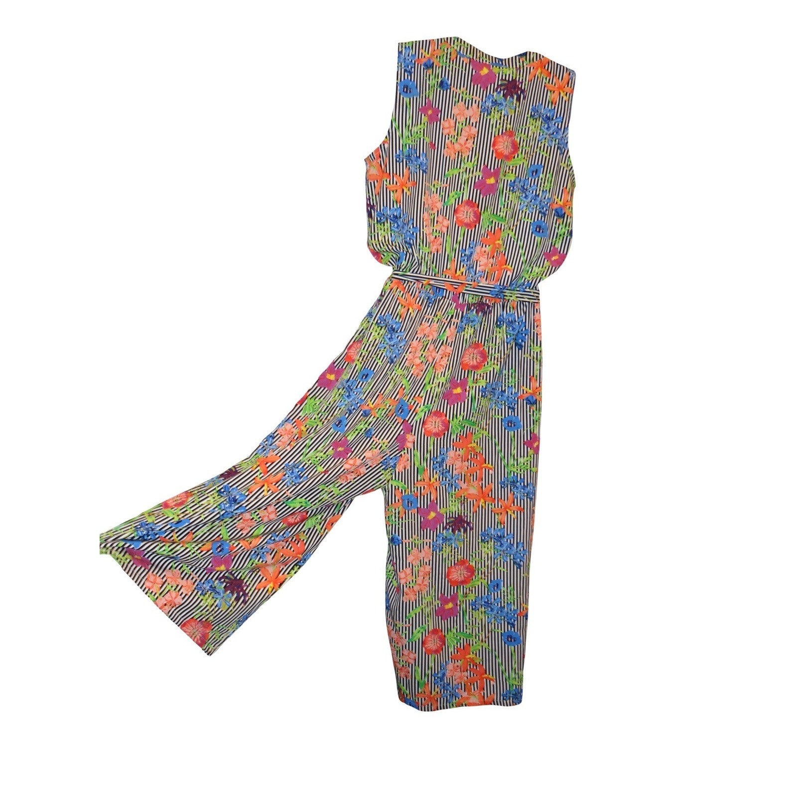 SPENSE Black White Stripe Floral Print Maxi Jumpsuit Women's M Sleeveless Belted