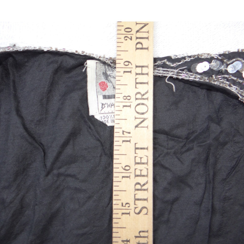 Vintage B'way Rose Vintage 100% Silk Beaded Sequin Vest Black Silver Chevron-ish