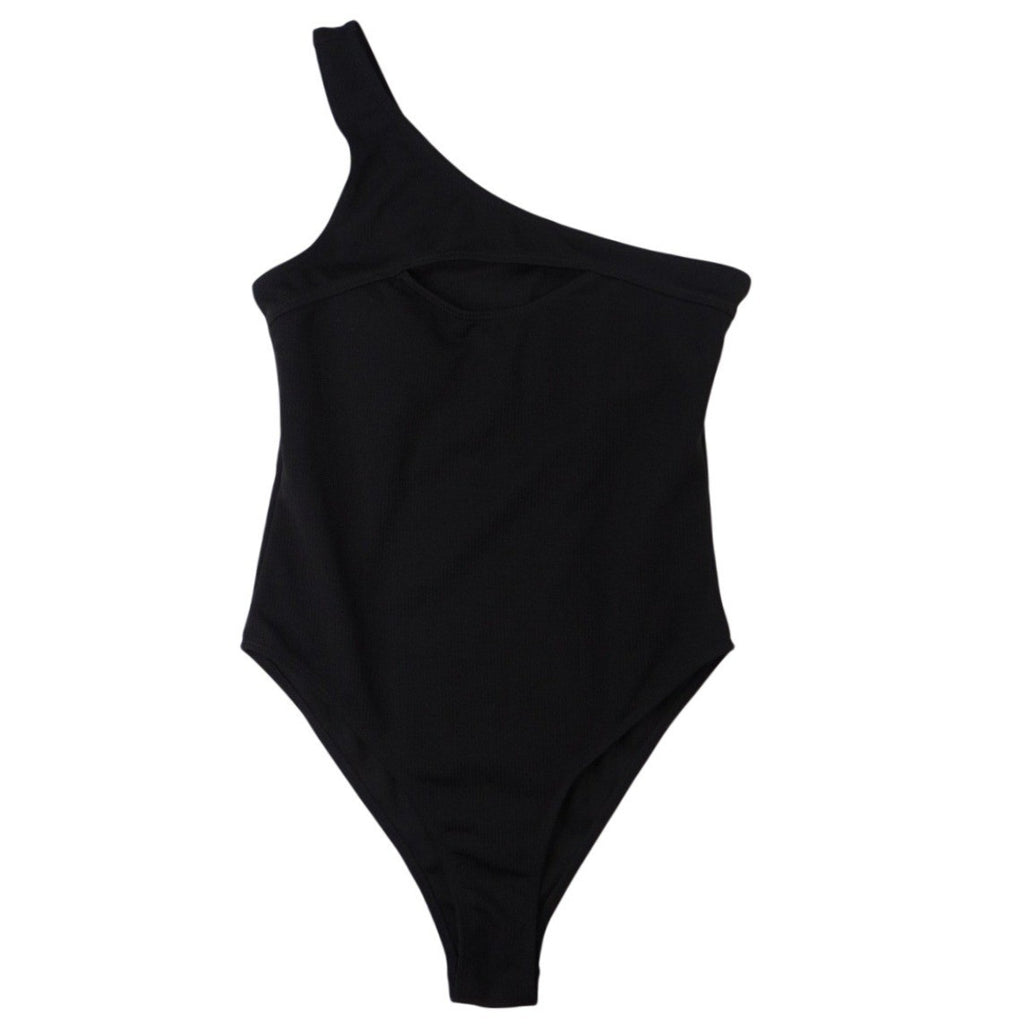 Black One Shoulder Cutout Ribbed Bodysuit Size M