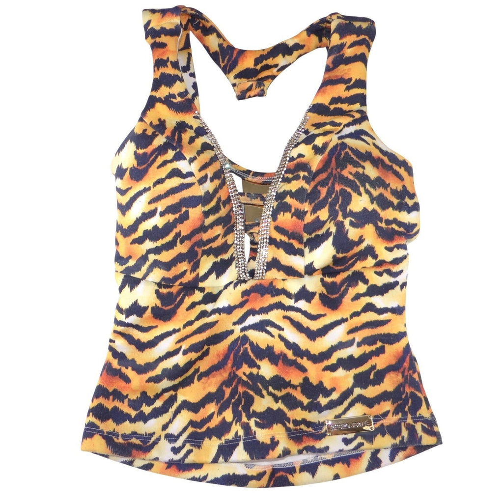 Rare Rhero Jeans Womens Tiger Print Tank Top Rhinestone Gold Hardware Racerback