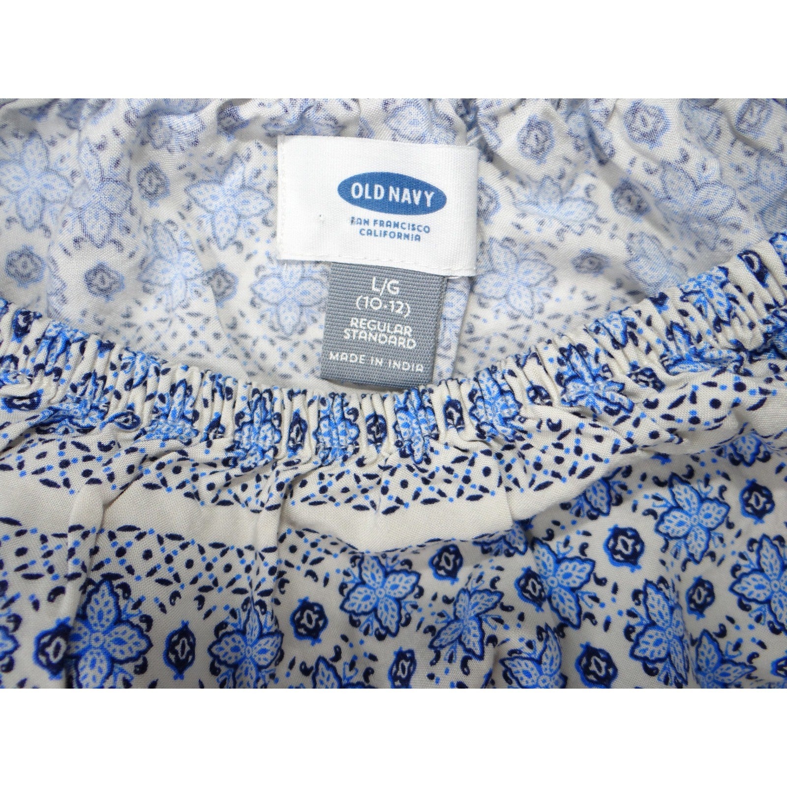 Old Navy Girls Size L 10 12 Blue White Paisley Floral Print Boho Blouse Top