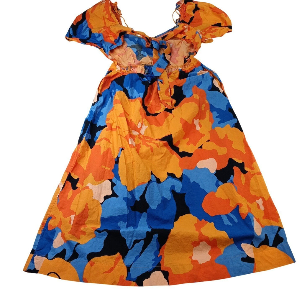Bold Floral Print Midi Dress Orange Blue Black Puff Sleeve Square Neck