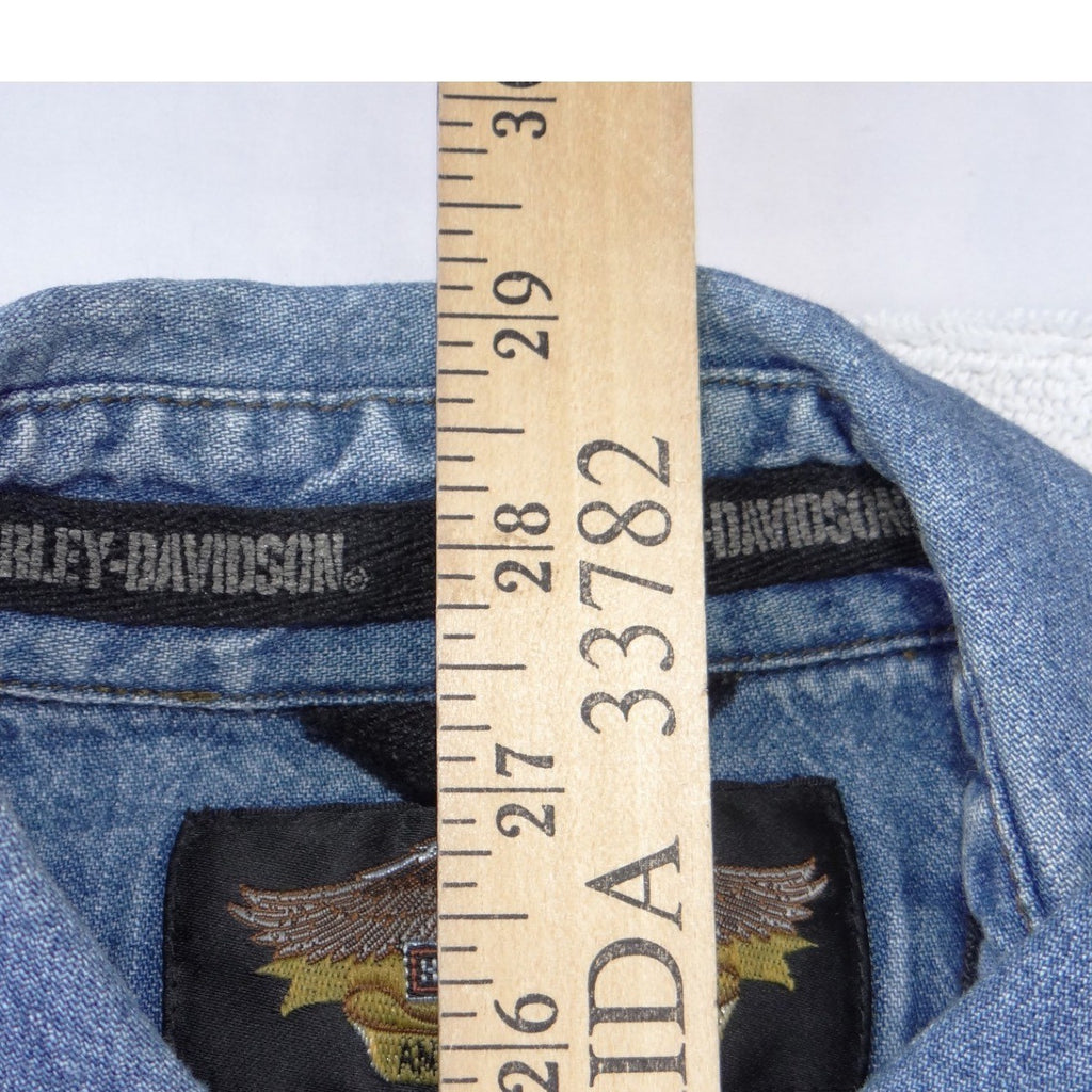 Harley Davidson Mens Blue Denim Long Sleeve Button Up Shirt Embroidered Logo