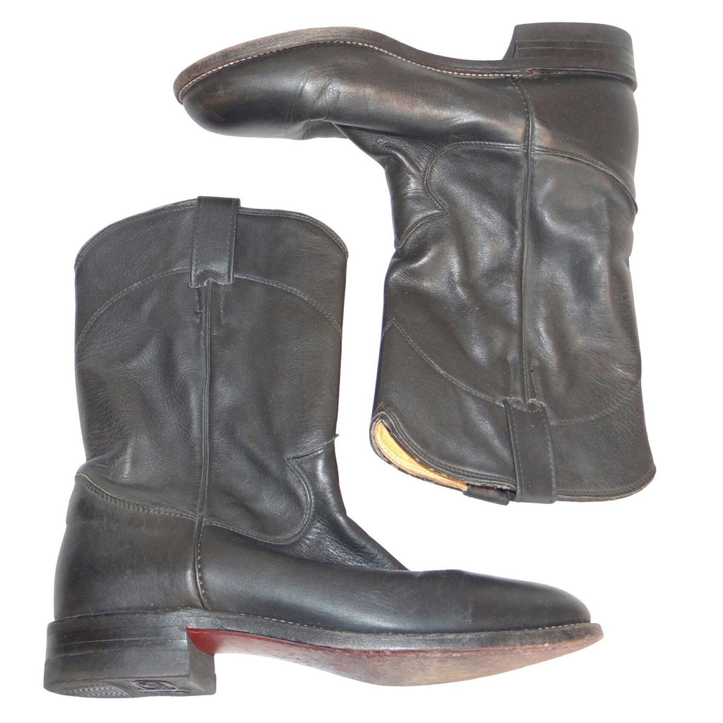Justin L3620 Black Leather Roper Western Boots Womens 7 B Made in USA Round Toe