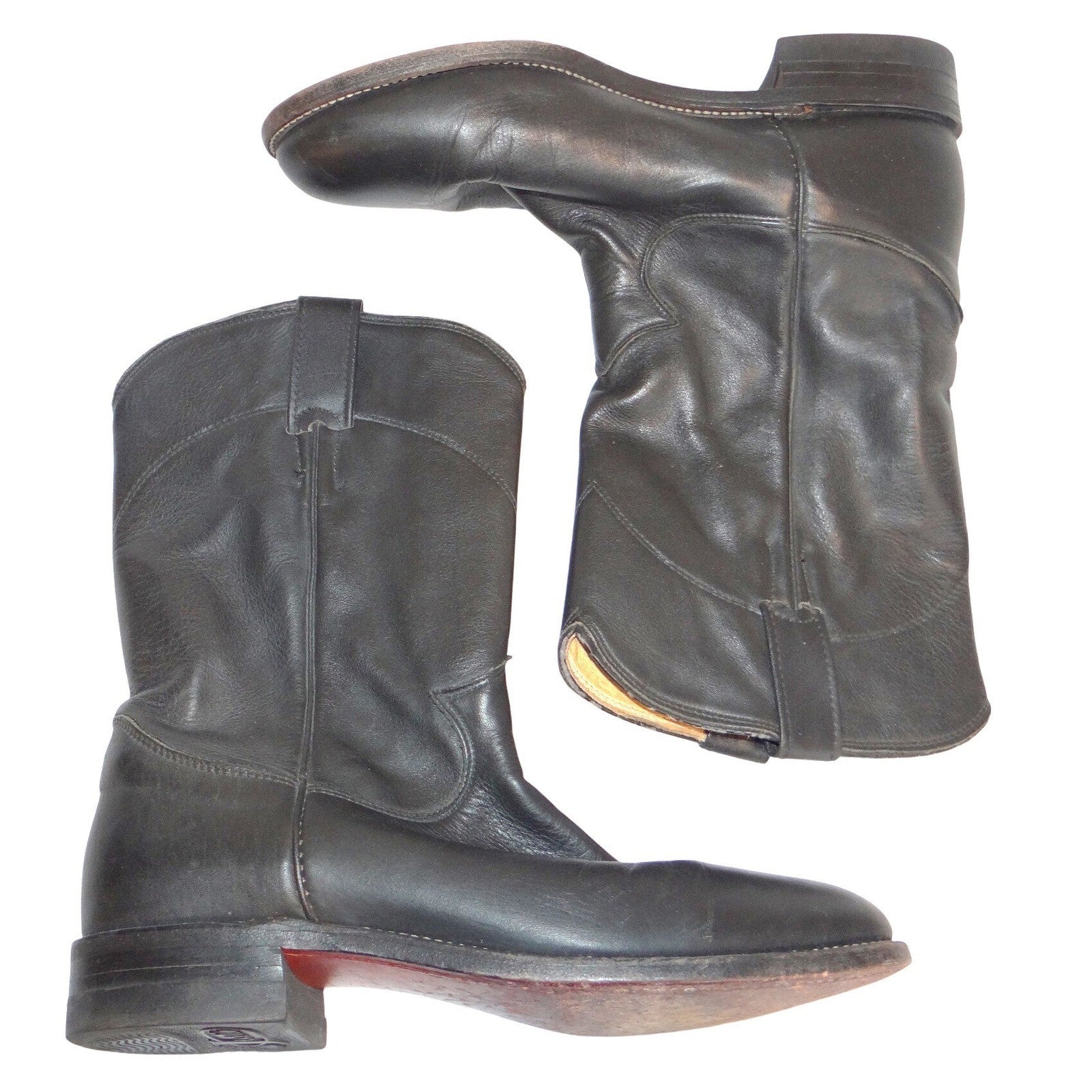 Justin L3620 Black Leather Roper Western Boots Womens 7 B Made in USA Round Toe