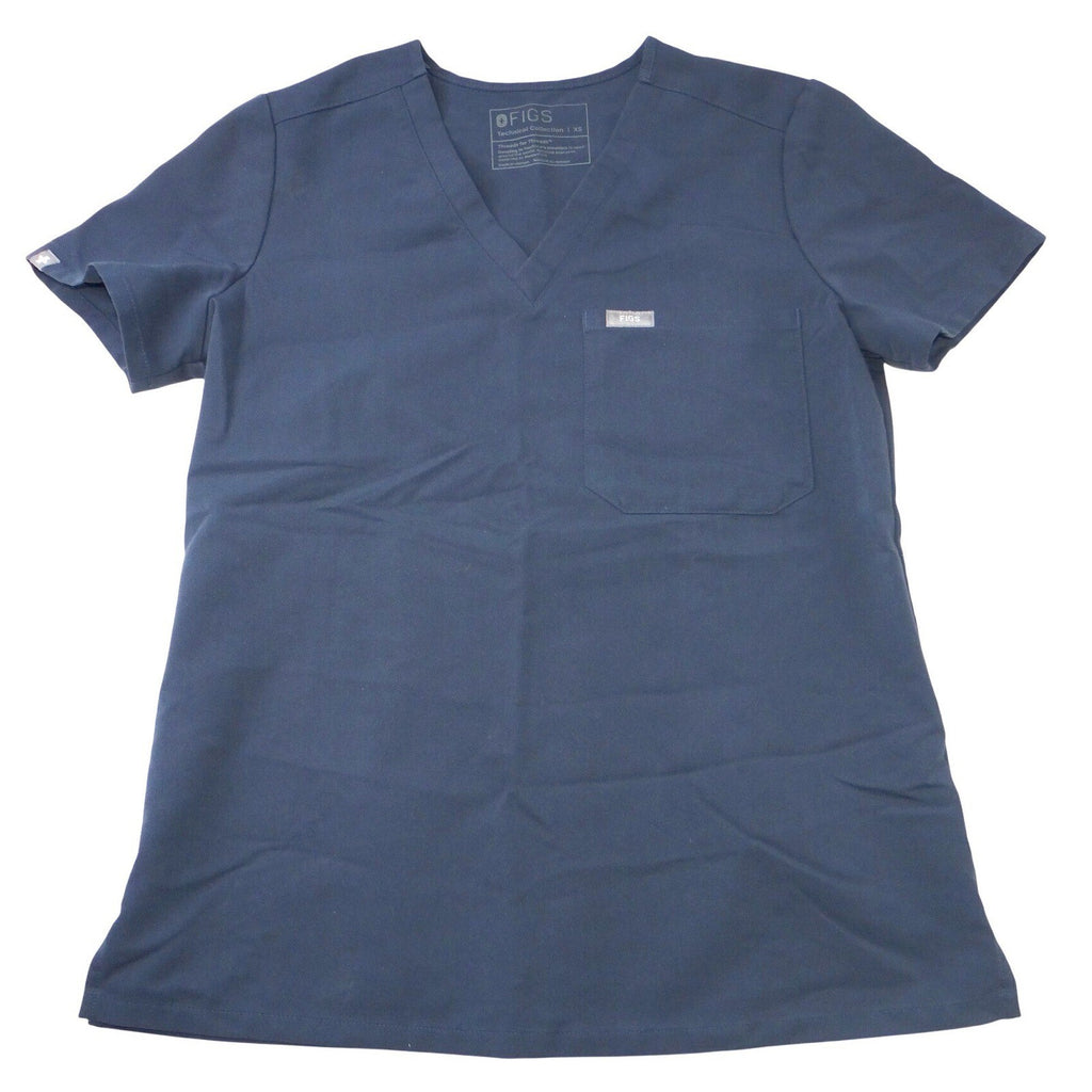 FIGS Technical Collection Navy Blue V-Neck Scrub Top Womens XS Chest Pocket