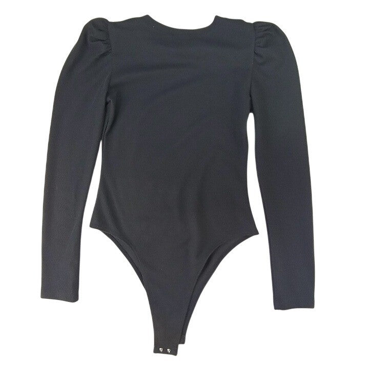 Black Puff Sleeve Ribbed Bodysuit Long Sleeve Thong Snap Closure Women