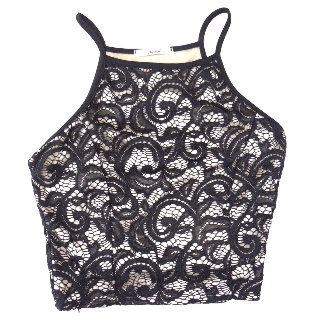 Papaya Womens Black Floral Lace High Neck Crop Top Spaghetti Strap Medium