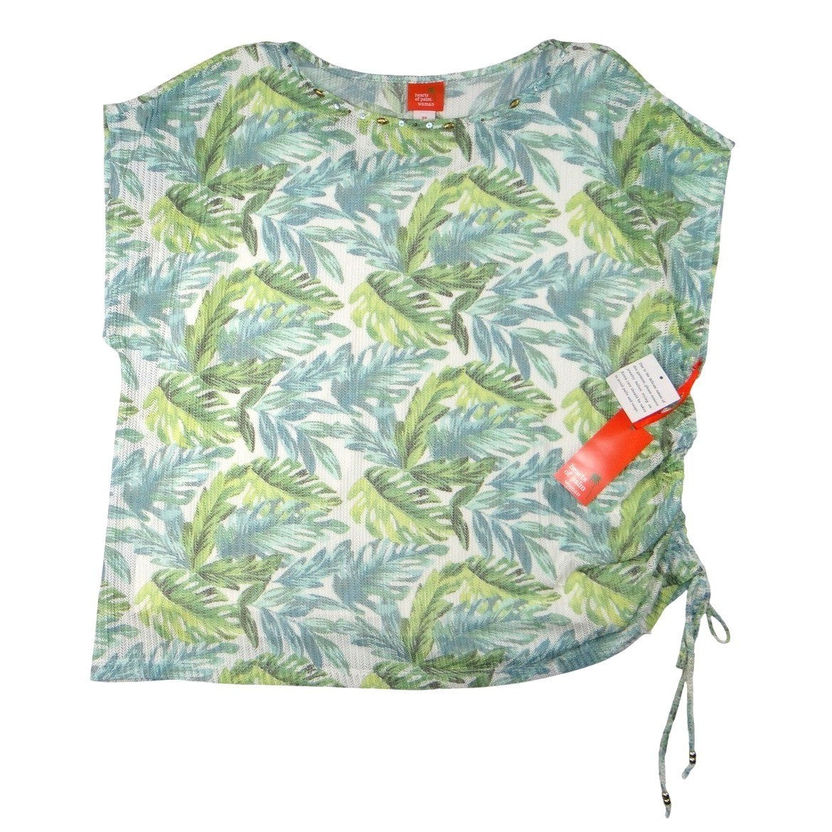 Hearts of Palm Woman 3X Tropical Leaf Print Tunic Top Drawstring Side Accent