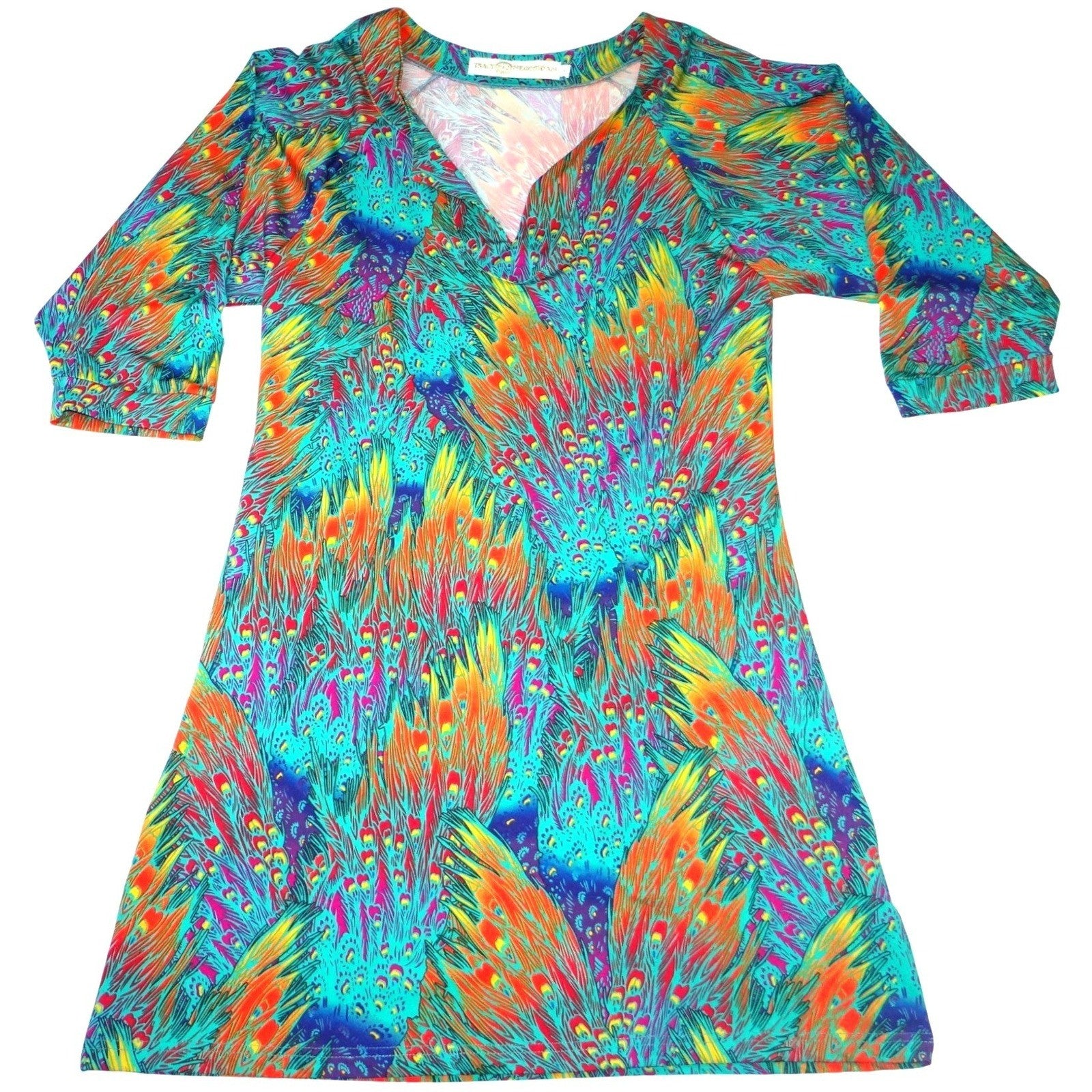 Tracy Negoshian Peacock Feather Print V Neck 3/4 Sleeve Mini Dress Size L
