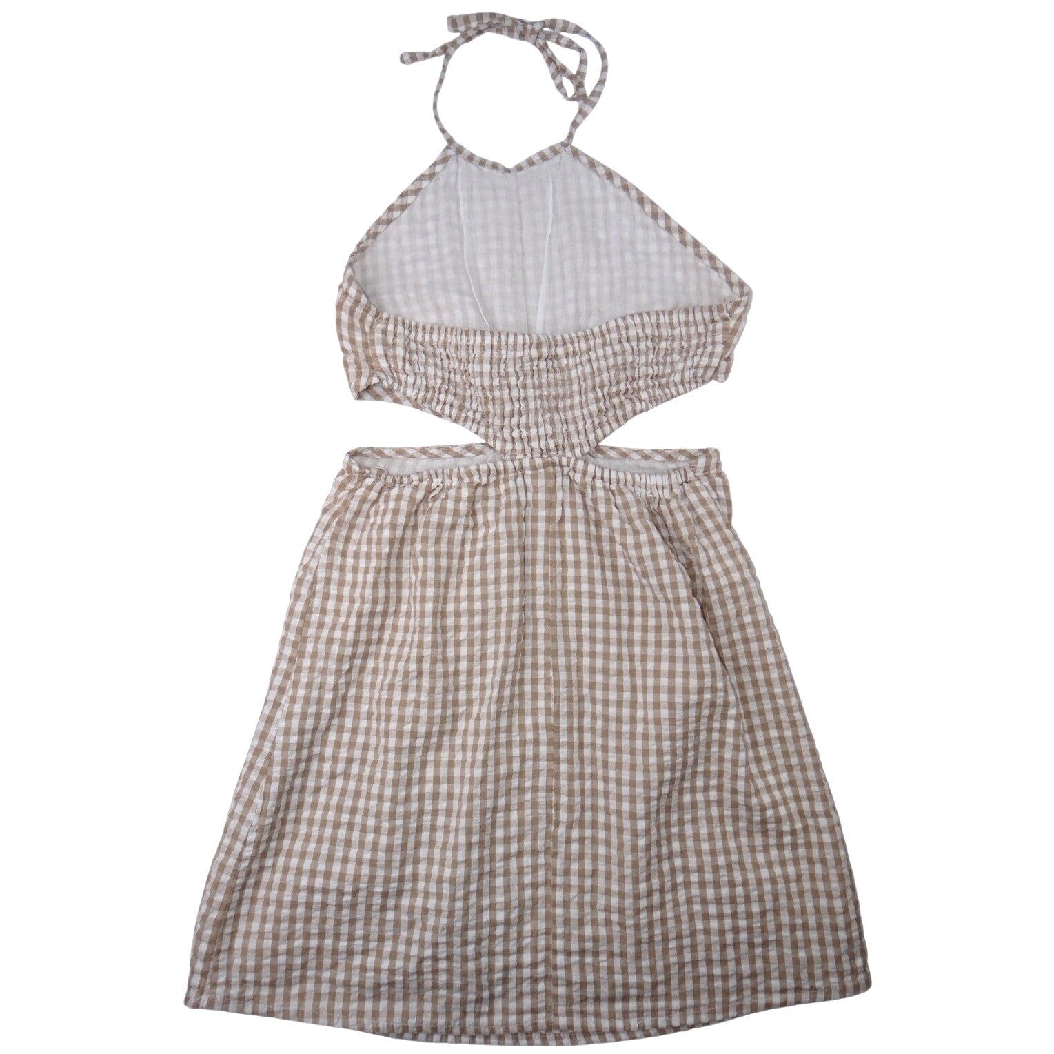 Tan White Gingham Halter Cutout Ring Detail Mini Dress