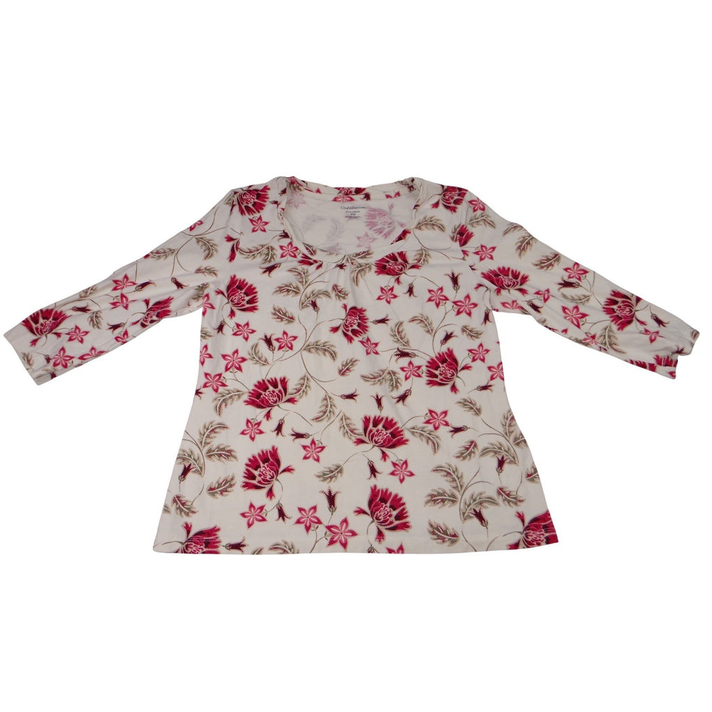 Vintage Croft & Barrow Stretch Floral Print 3/4 Sleeve Top Shirt White Pink M