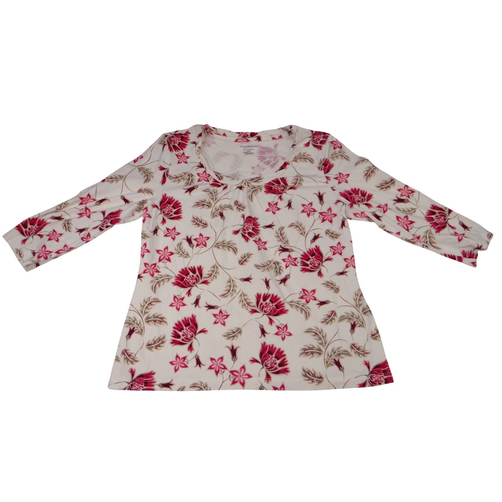 Vintage Croft & Barrow Stretch Floral Print 3/4 Sleeve Top Shirt White Pink M