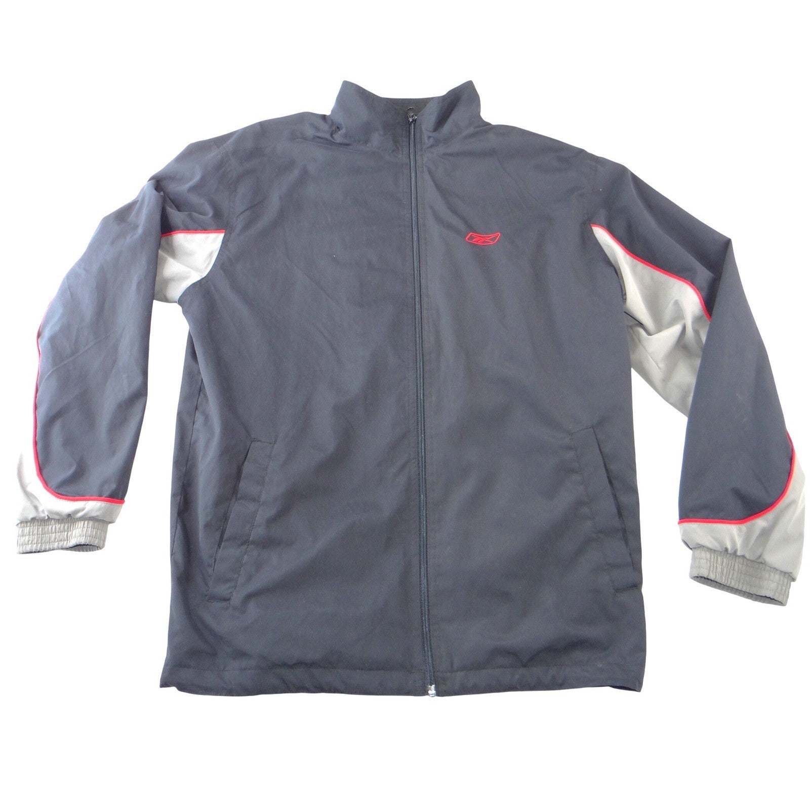 Reebok Womens Windbreaker Jacket Black Grey Red Full Zip Lined Mock Neck