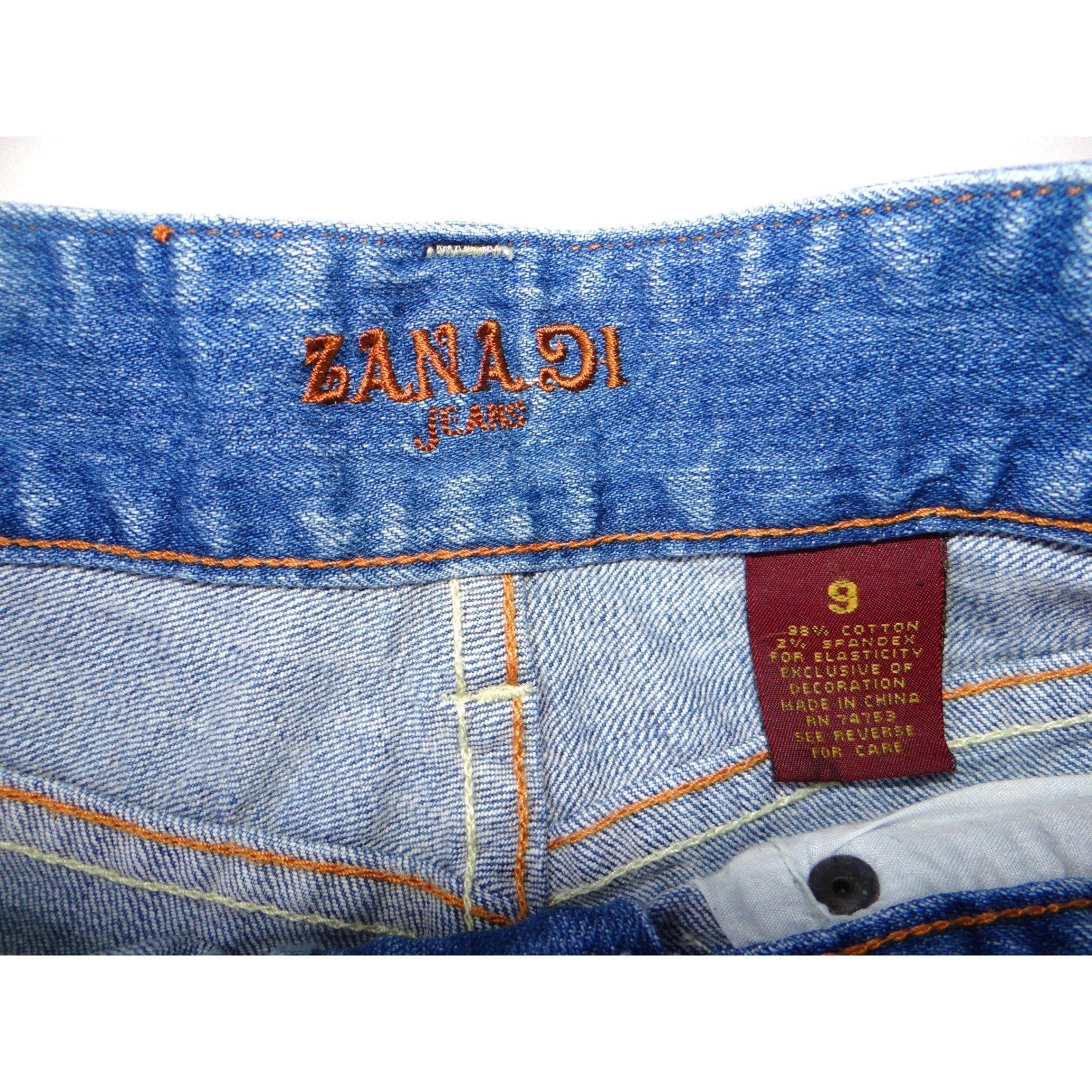 Y2K Vintage ZANADI Denim Shorts Distressed Floral Embroidered Cuffed Blue Sz 9