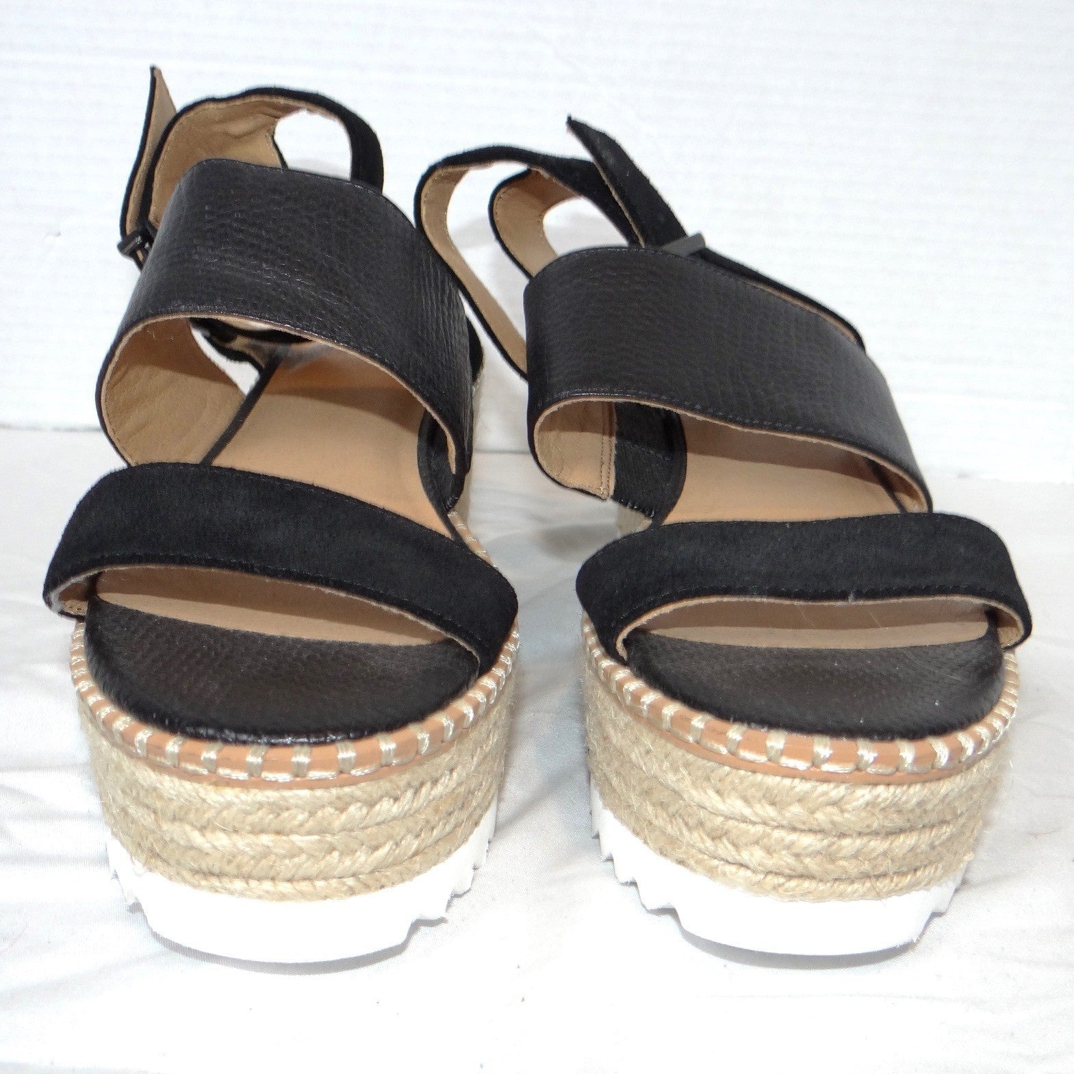 Crown Vintage Daylen Black Leather Espadrille Platform Wedge Sandals Womens 7.5