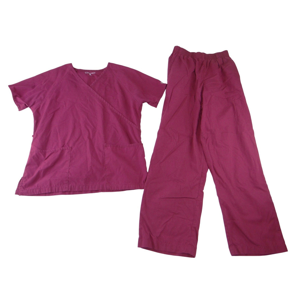 Butter-Soft Womens Scrub Set Burgundy V-Neck Top Elastic Waist Pants Size Small