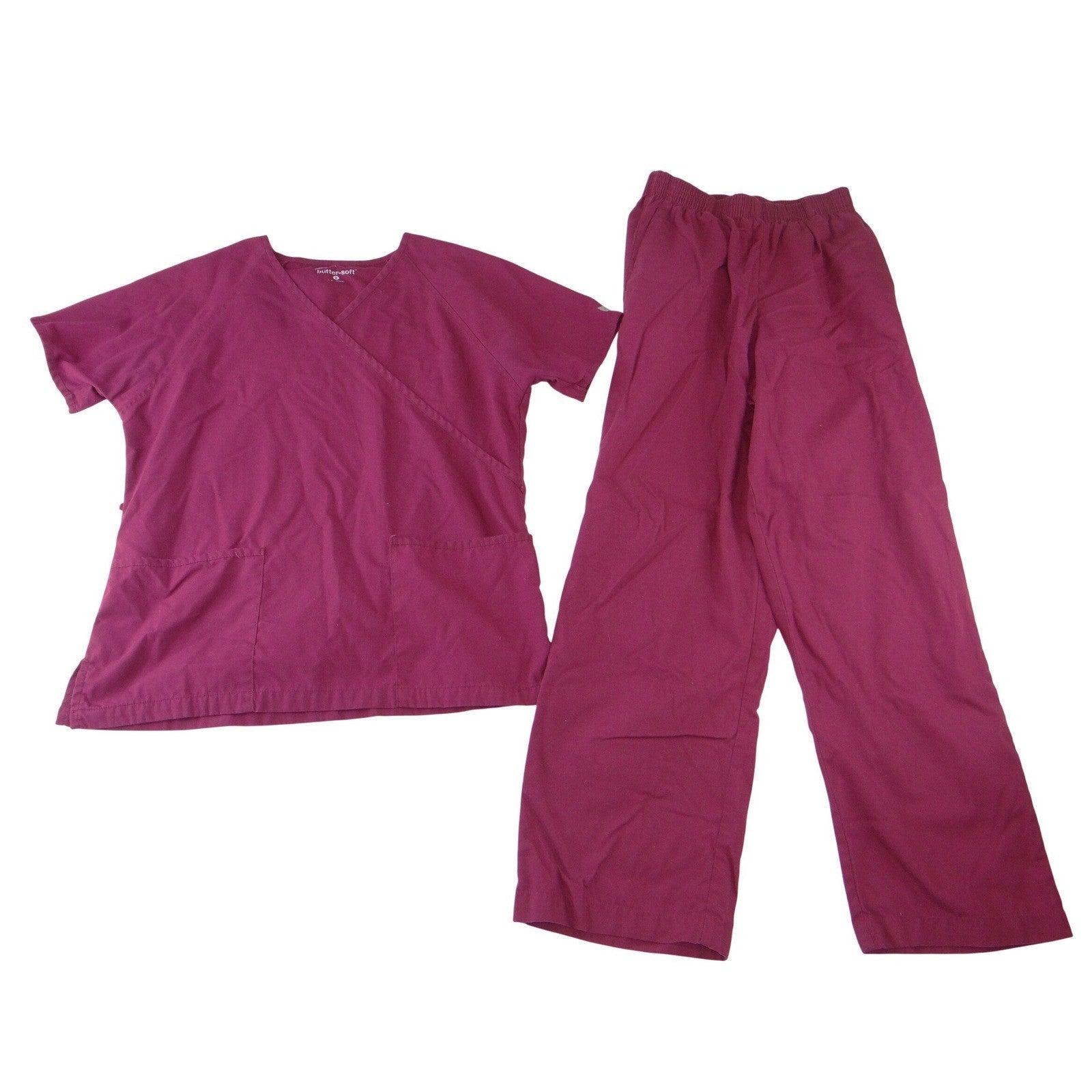 Butter-Soft Womens Scrub Set Burgundy V-Neck Top Elastic Waist Pants Size Small