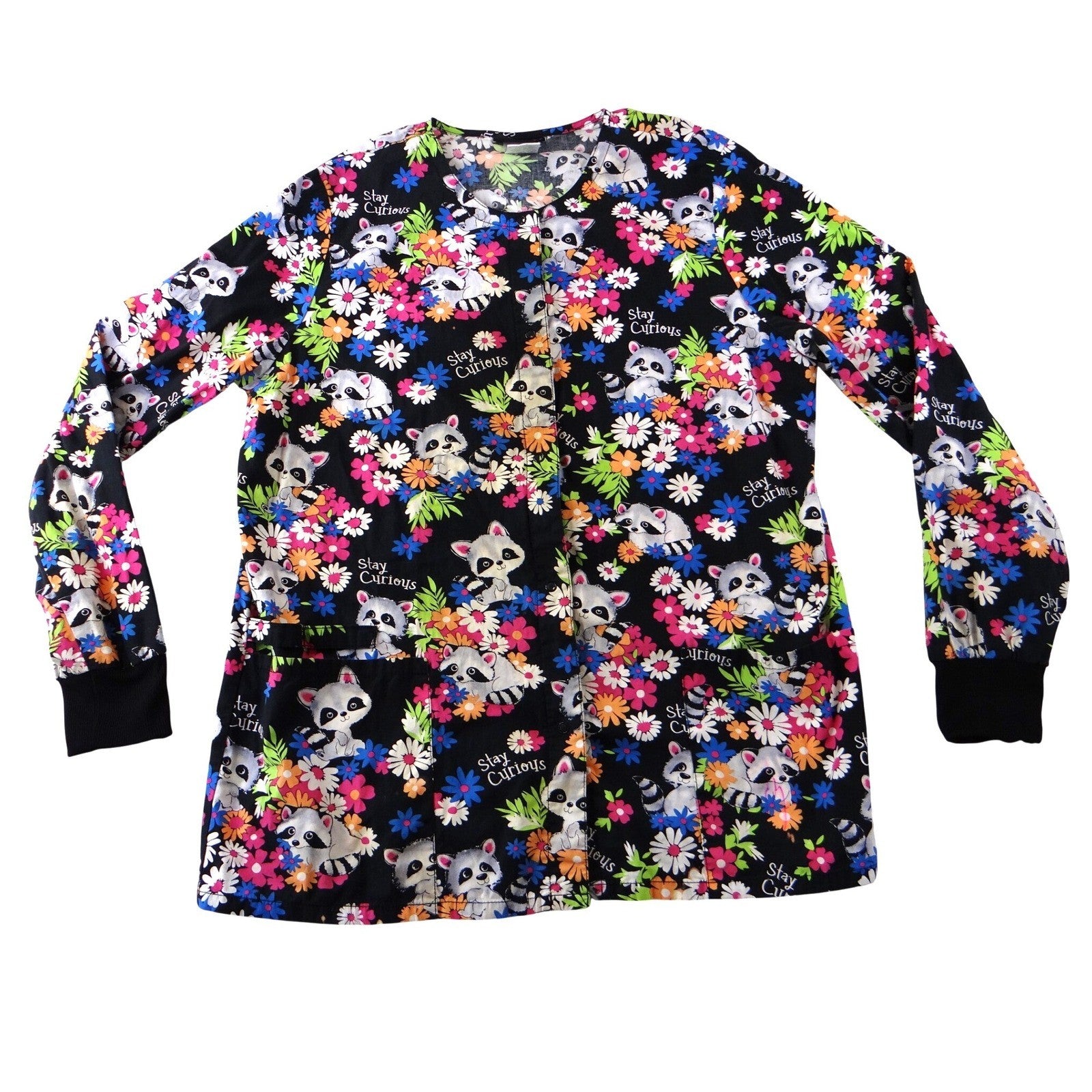 Cherokee Stay Curious Raccoon Floral Scrub Jacket Snap Front CK301 Black L