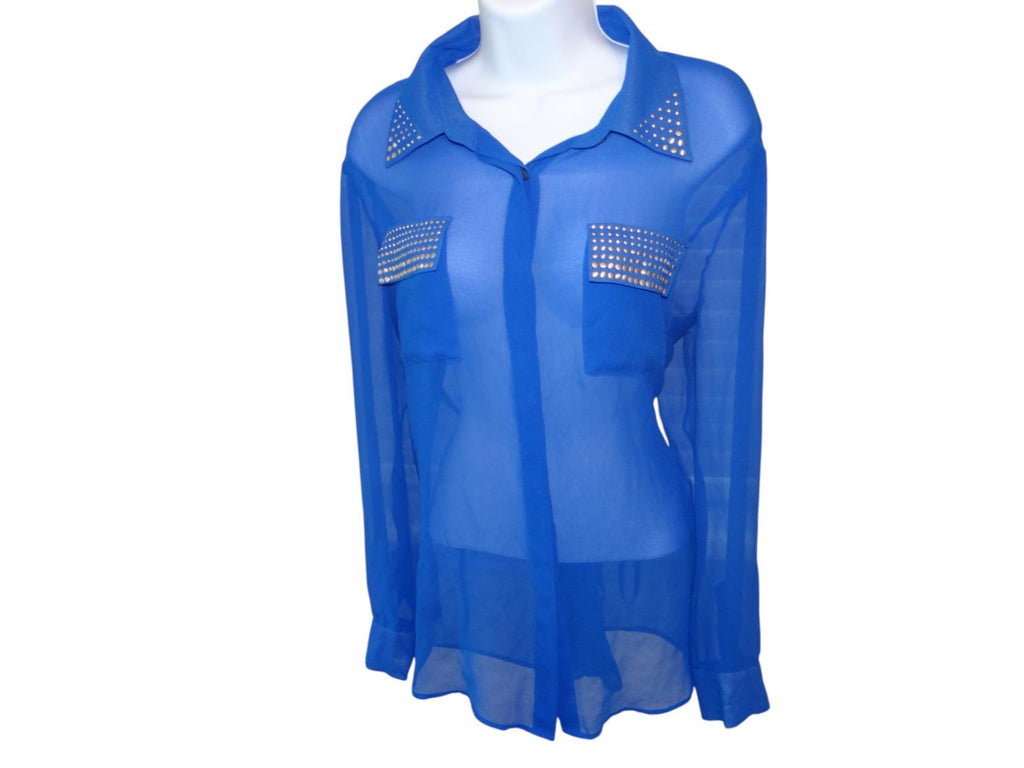 Stylish Sheer Blue Button-Up Shirt with Studded Pockets