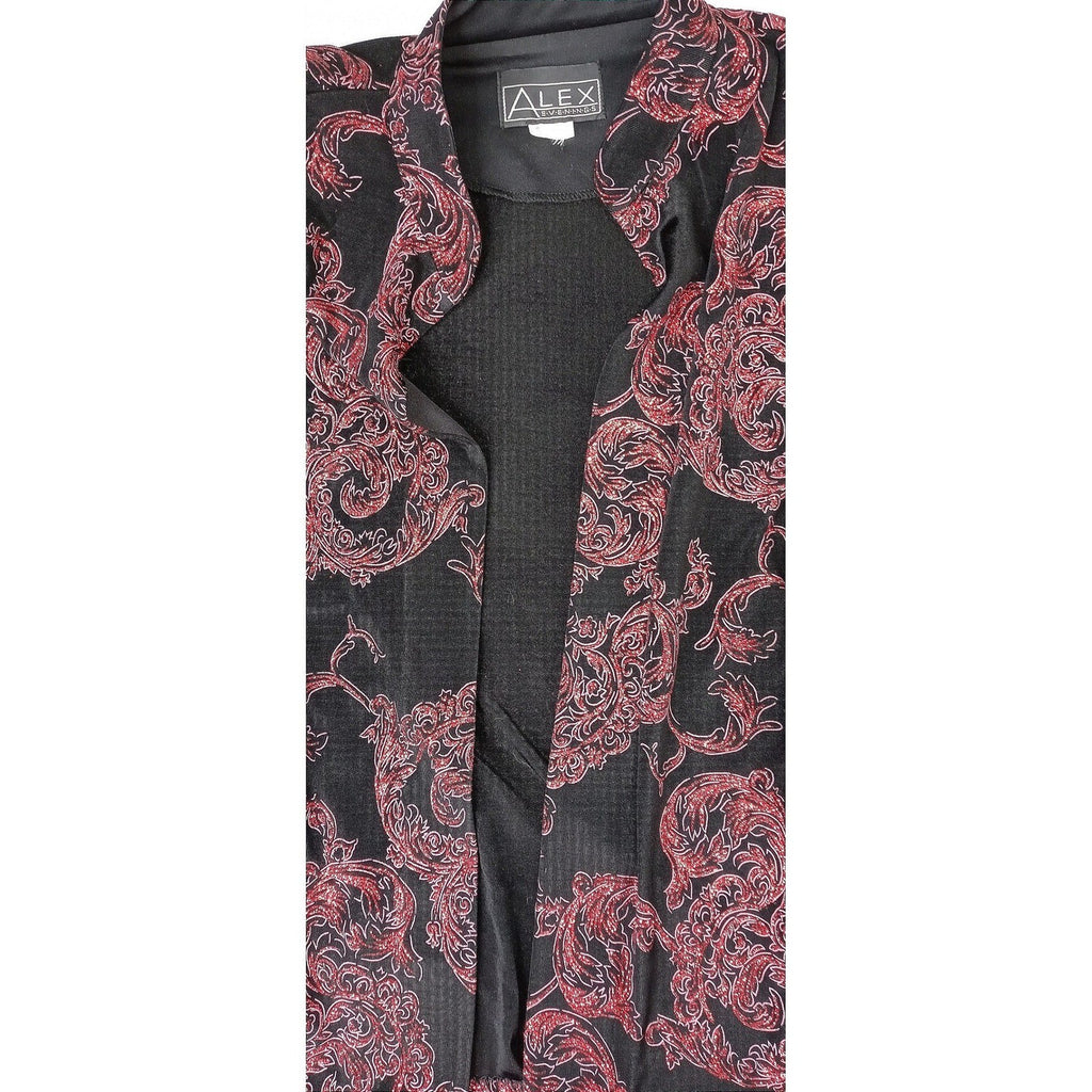 Vintage ALEX EVENINGS Black Red Paisley Sparkle Glitter Blazer Jacket Women Sz L