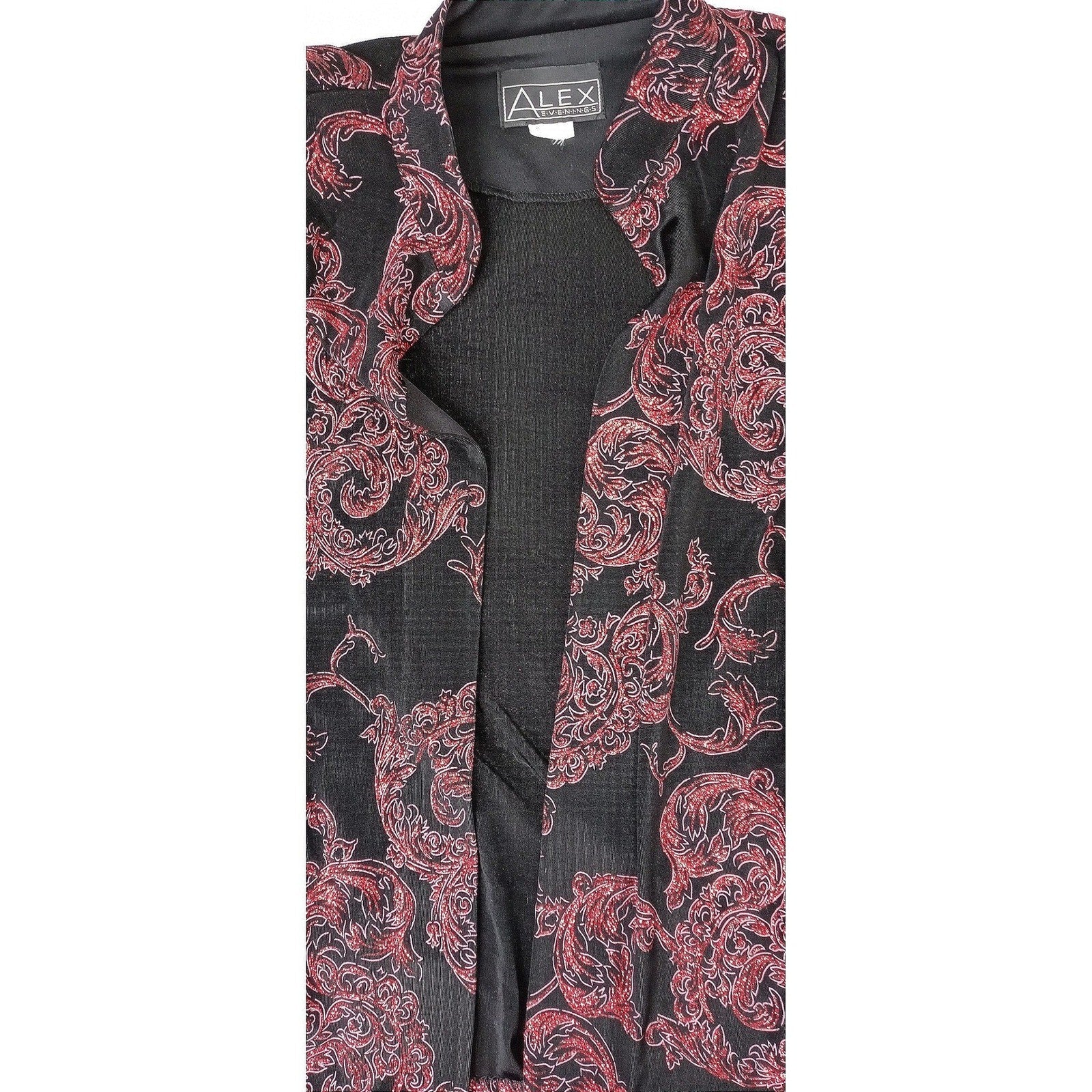 Vintage ALEX EVENINGS Black Red Paisley Sparkle Glitter Blazer Jacket Women Sz L